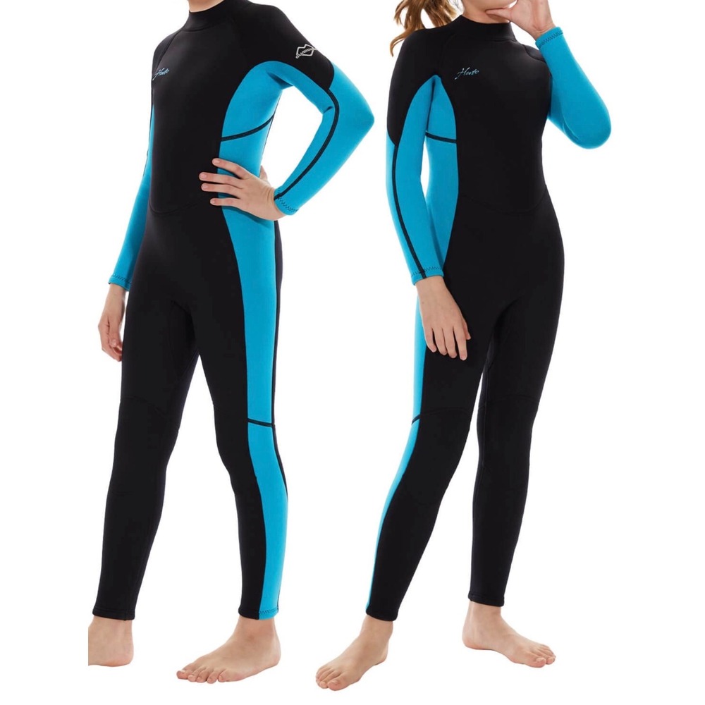 Hevto Kids 3/2mm Neoprene Full Wetsuit Black Cyan Blue Size 14 Thermal Swimsuit